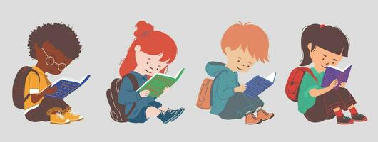Cute boy and girl sitting on the floor and enjoying reading book. Child reading book, Isolated vector illustration