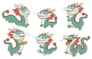 cute cartoon Chinese dragon in different poses set, Holidays cartoon character. New Year 2024 year of the dragon zodiac,vector illustrations isolated vector