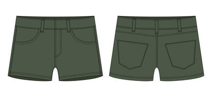 Denim short with pockets technical sketch. Khaki color. vector