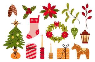 Set of Christmas decorations and balls. Wreath, gifts, branches spruce, berries, gingerbread. Flat vector illustration.
