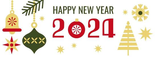 Happy New Year 2024 horizontal banner. Trendy modern geometric design with Christmas balls and decoration in gold ,red, green colors. vector