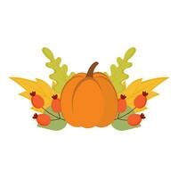 Pumpkin and autumn leaves and berries. Festive fall card, harvest time illustration. vector