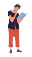 Man stands and reads a book. Education hobby concept vector illustration.