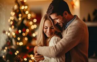 Winter Love Story by the Christmas Tree - Generative AI photo