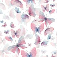 Butterflies are pink, blue, lilac, flying, delicate with wings and splashes of paint. Hand drawn watercolor illustration. Seamless pattern on a white background, for design. vector