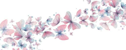 Butterflies are pink, blue, lilac, flying, delicate with wings and splashes of paint. Hand drawn watercolor illustration. Motion composition on a white background, for design. vector