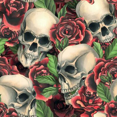 Human skulls with red roses and leaves. Hand drawn watercolor illustration. Seamless pattern.