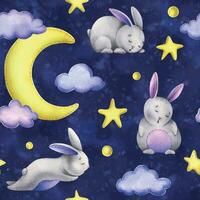 A cute gray bunny stitched sits and sleeps on a yellow moon with hanging stars, dots, clouds. Watercolor illustration, hand drawn. Seamless pattern on a dark background vector