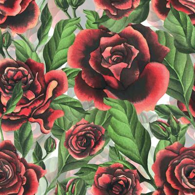 Redblack rose flowers with green leaves and buds, chic, bright, beautiful. Hand drawn watercolor illustration. Seamless pattern on a white background, for decoration and design