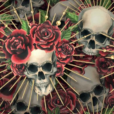 Human skulls with red roses and golden crones. Hand drawn watercolor illustration. Seamless pattern.