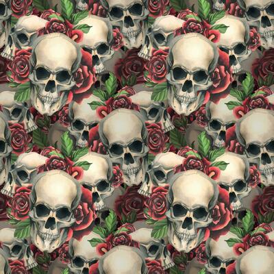 Human skulls with red roses and leaves. Hand drawn watercolor illustration. Seamless pattern.