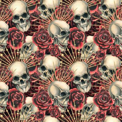 Human skulls with red roses and golden crones. Hand drawn watercolor illustration. Seamless pattern.