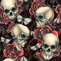 Human skulls with red roses and night moths. Hand drawn watercolor illustration. Seamless pattern. vector