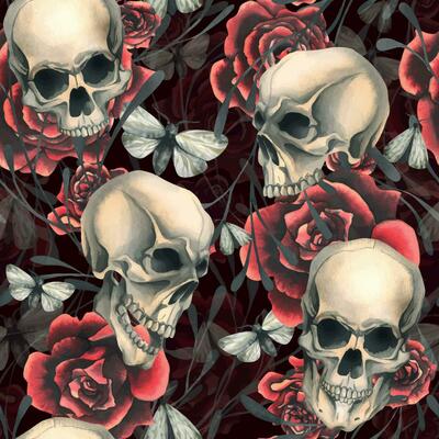 Human skulls with red roses and night moths. Hand drawn watercolor illustration. Seamless pattern.