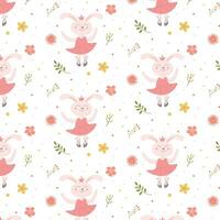 Vector rabbit pattern with flowers, cute print for fabric