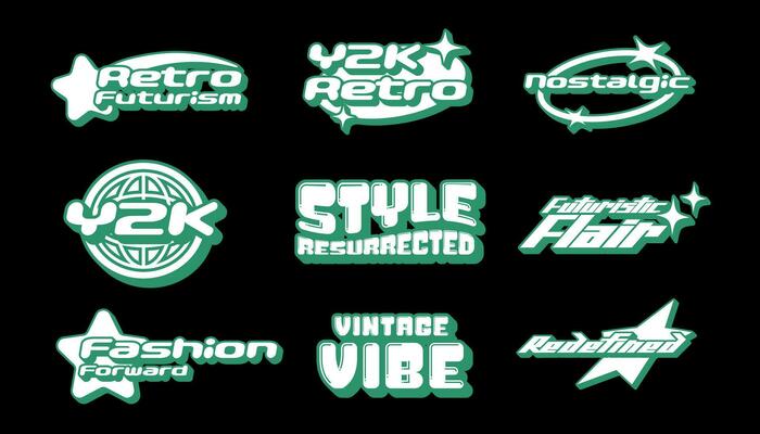 Retro futuristic element for design. Collection of symbol slogans in y2k style. Template for posters, stickers and screen printing on clothes.