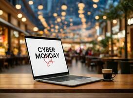 AI generated Cyber Monday text on a laptop screen. Holiday online shopping concept. Laptop on a wooden table. photo