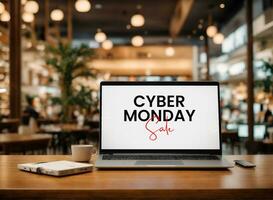AI generated Cyber Monday text on a laptop screen. Holiday online shopping concept. Laptop on a wooden table. photo