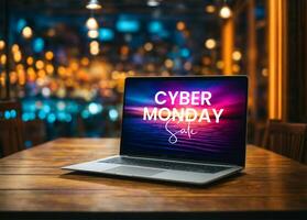 AI generated Cyber Monday text on a laptop screen. Holiday online shopping concept. Laptop on a wooden table. photo