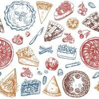 Seamless pattern of hand-drawn traditional cakes, tarts and pies in sketch style. Sweet bakery, fruit, berries. Top view. Thanksgiving, Christmas. vector