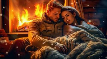 Intimate Fireside Moment with a Young Couple - Generative AI photo