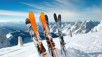 alpino esquís en un Nevado mundo maravilloso - generativo ai foto