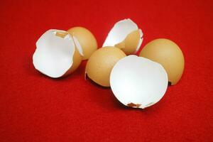 Several chicken egg shells, cracked and broken on red background photo