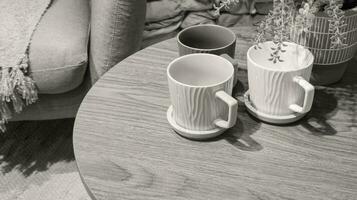 ceramic glass on top of the table in black and white color. grayscale color. isolated photo