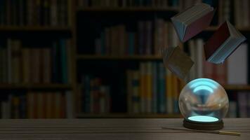 The Magic ball on wood table  in library 3d rendering. photo