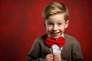 ai generado contento pequeño chico con rojo corazones en San Valentín día. foto