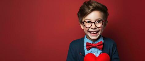 AI generated Happy little boy with red hearts on Valentine's Day. photo