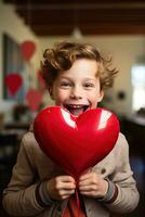 ai generado contento pequeño chico con rojo corazones en San Valentín día. foto