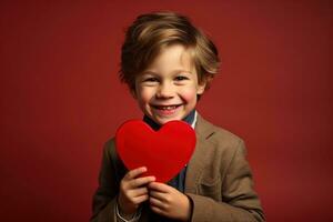 ai generado contento pequeño chico con rojo corazones en San Valentín día. foto