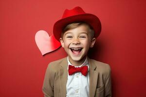 ai generado contento pequeño chico con rojo corazones en San Valentín día. foto