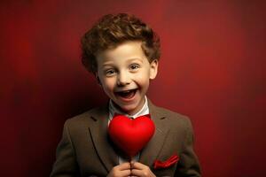 ai generado contento pequeño chico con rojo corazones en San Valentín día. foto