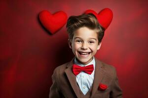 ai generado contento pequeño chico con rojo corazones en San Valentín día. foto