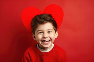 ai generado contento pequeño chico con rojo corazones en San Valentín día. foto