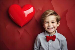 ai generado contento pequeño chico con rojo corazones en San Valentín día. foto