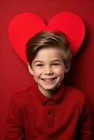 AI generated Happy little boy with red hearts on Valentine's Day. photo