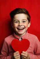 AI generated Happy little boy with red hearts on Valentine's Day. photo