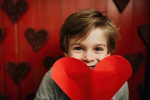 ai generado contento pequeño chico con rojo corazones en San Valentín día. foto