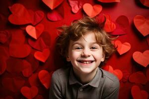 ai generado contento pequeño chico con rojo corazones en San Valentín día. foto