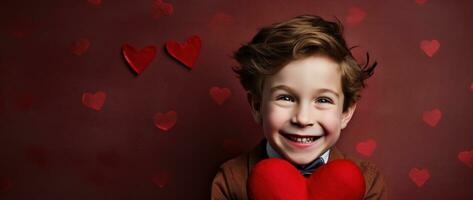 ai generado contento pequeño chico con rojo corazones en San Valentín día. foto