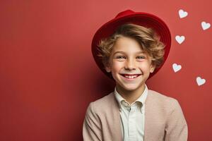 ai generado contento pequeño chico con rojo corazones en San Valentín día. foto