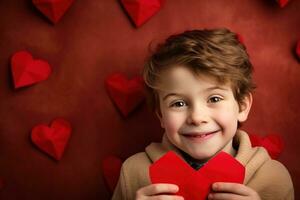 AI generated Happy little boy with red hearts on Valentine's Day. photo