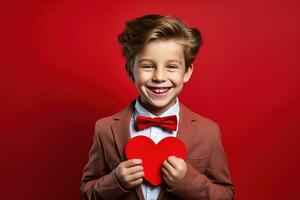 ai generado contento pequeño chico con rojo corazones en San Valentín día. foto