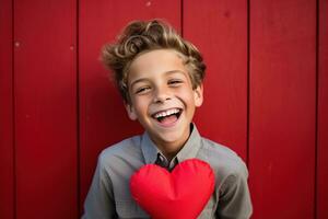 AI generated Happy little boy with red hearts on Valentine's Day. photo