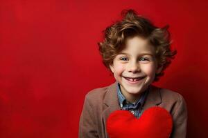 ai generado contento pequeño chico con rojo corazones en San Valentín día. foto