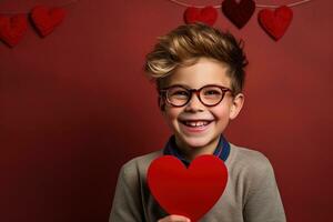 AI generated Happy little boy with red hearts on Valentine's Day. photo
