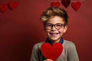 ai generado contento pequeño chico con rojo corazones en San Valentín día. foto